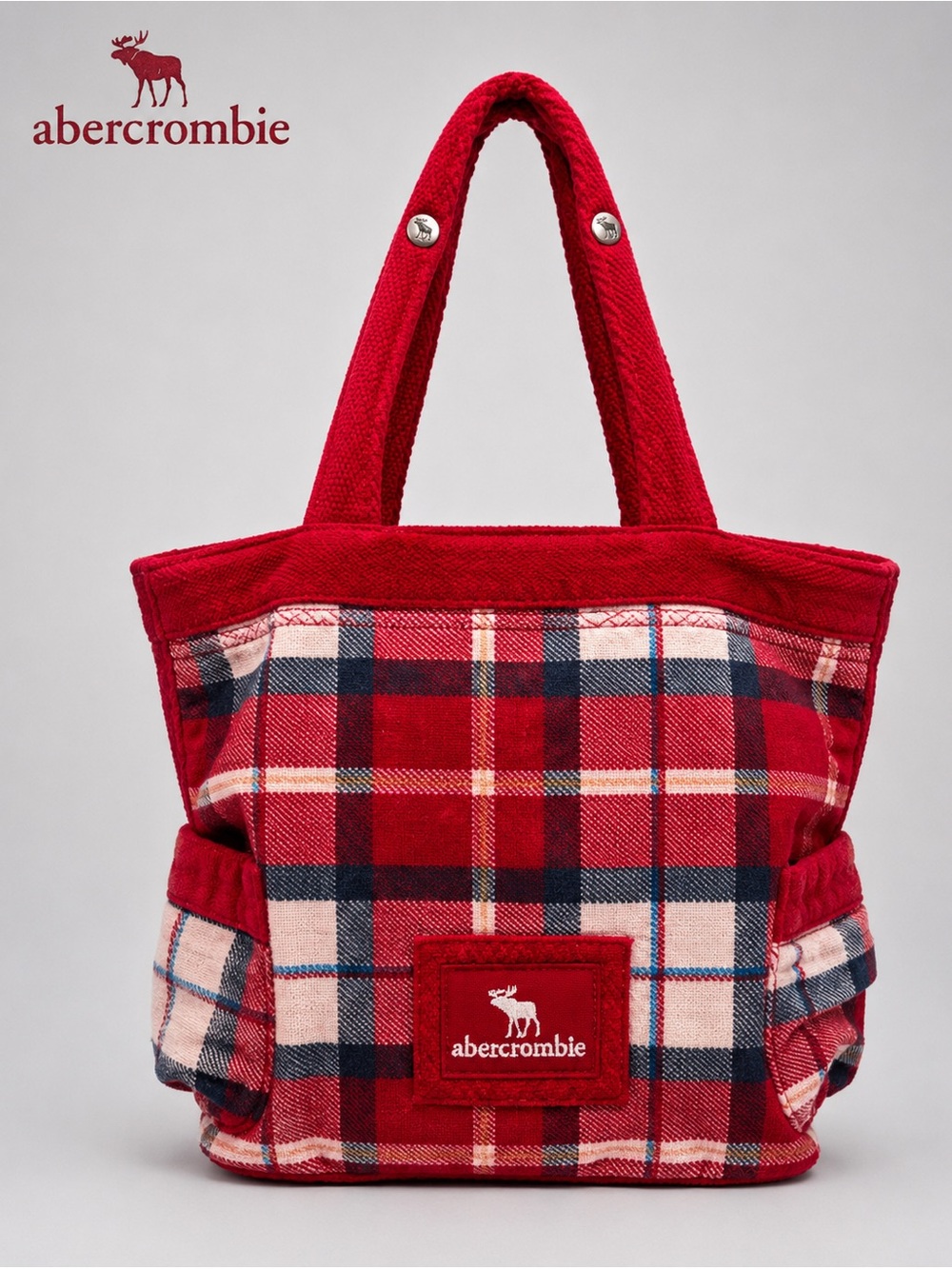 Vintage Abercrombie Y2K Red Plaid Flannel Cotton Tote Bag Moose